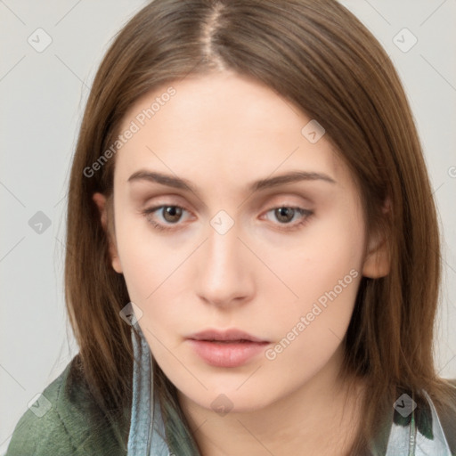 Neutral white young-adult female with medium  brown hair and brown eyes