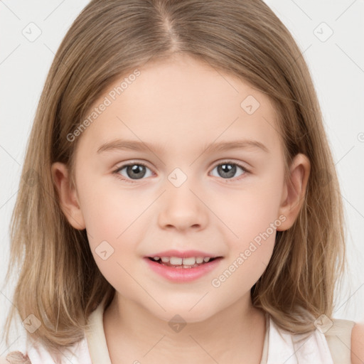 Joyful white child female with medium  brown hair and brown eyes