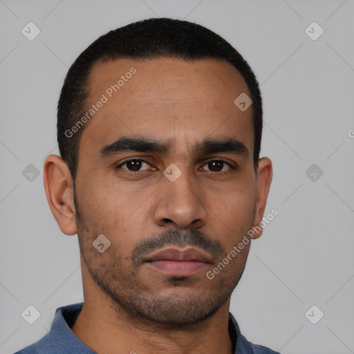 Neutral latino young-adult male with short  black hair and brown eyes