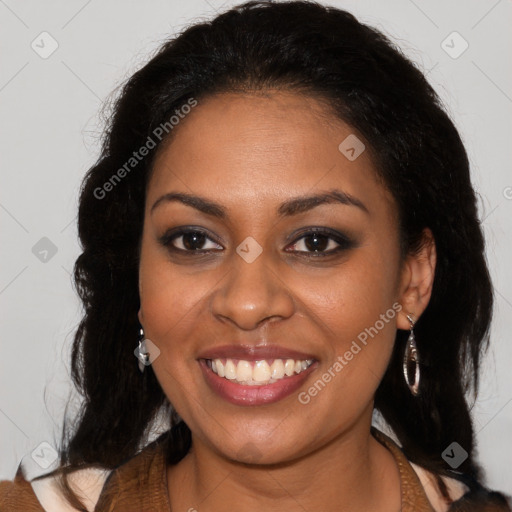 Joyful black young-adult female with long  brown hair and brown eyes