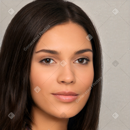 Neutral white young-adult female with long  brown hair and brown eyes