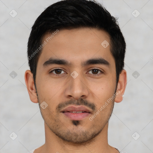 Neutral latino young-adult male with short  black hair and brown eyes