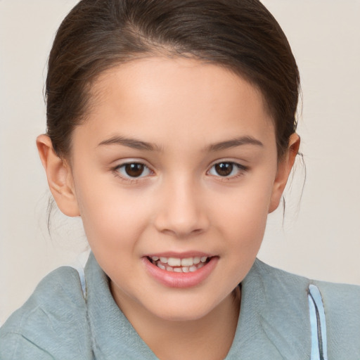 Joyful white child female with medium  brown hair and brown eyes