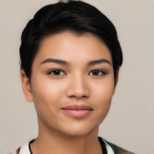 Joyful latino young-adult female with short  black hair and brown eyes