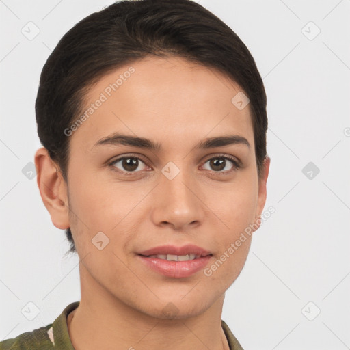 Joyful white young-adult female with short  brown hair and brown eyes