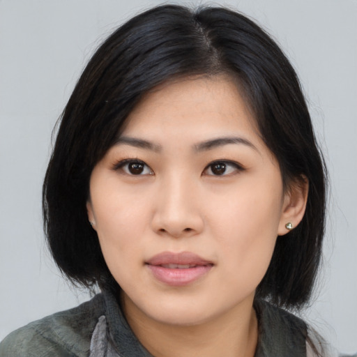 Neutral asian young-adult female with long  black hair and brown eyes