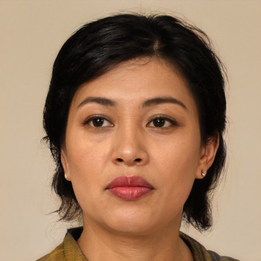 Neutral asian young-adult female with medium  black hair and brown eyes