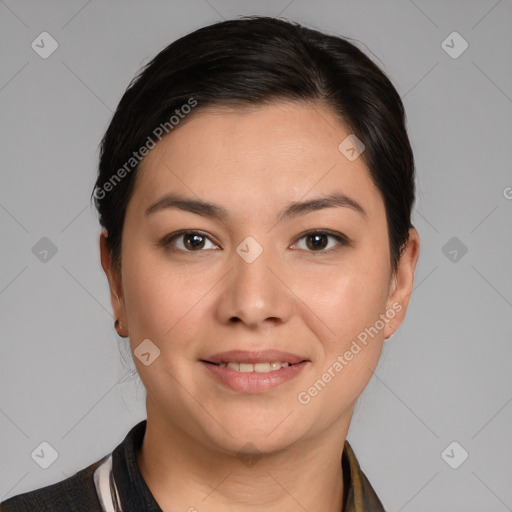 Joyful white young-adult female with medium  brown hair and brown eyes