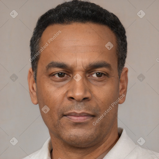 Neutral latino adult male with short  black hair and brown eyes