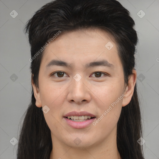 Joyful asian young-adult female with medium  brown hair and brown eyes