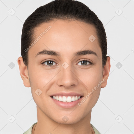 Joyful white young-adult female with short  brown hair and brown eyes