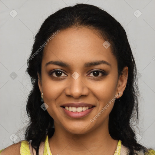 Joyful latino young-adult female with long  black hair and brown eyes