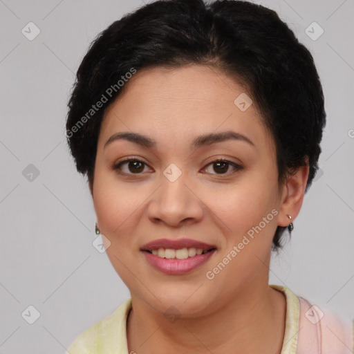 Joyful latino young-adult female with short  brown hair and brown eyes