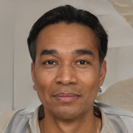 Neutral asian adult male with short  black hair and brown eyes