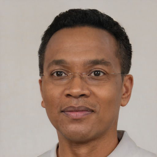 Joyful black adult male with short  black hair and brown eyes