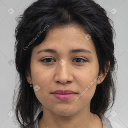 Joyful asian young-adult female with medium  brown hair and brown eyes