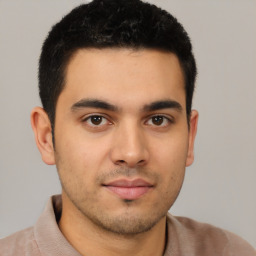 Neutral latino young-adult male with short  brown hair and brown eyes