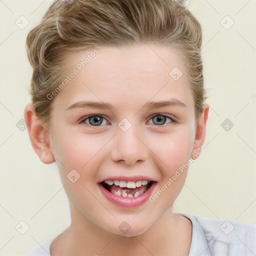 Joyful white child female with short  brown hair and grey eyes