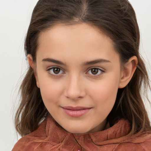 Joyful white child female with medium  brown hair and brown eyes