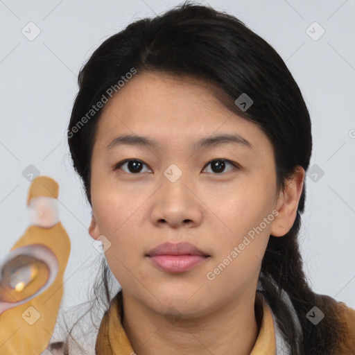 Neutral asian young-adult female with medium  brown hair and brown eyes