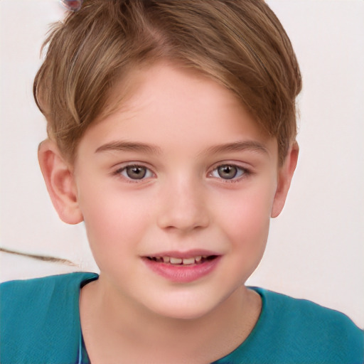 Joyful white child female with short  brown hair and brown eyes