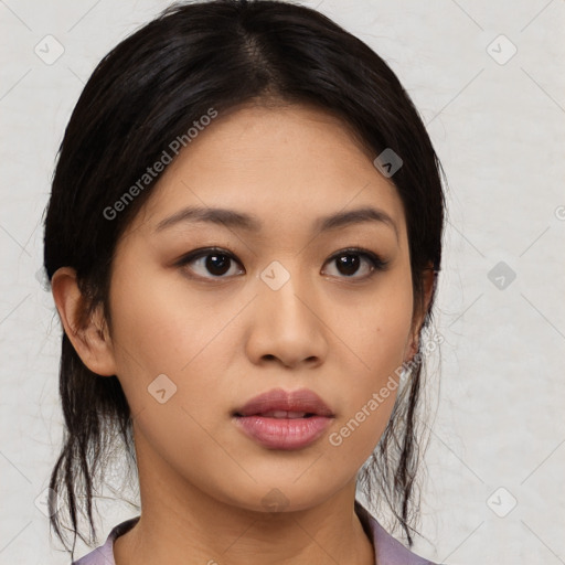 Neutral asian young-adult female with medium  brown hair and brown eyes