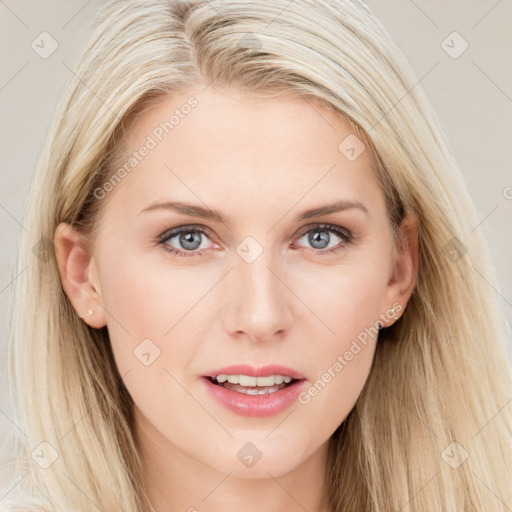 Joyful white young-adult female with long  brown hair and blue eyes