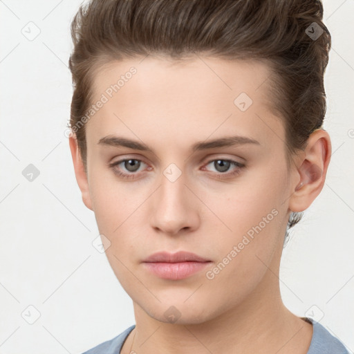 Neutral white young-adult female with short  brown hair and brown eyes