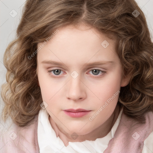 Neutral white child female with medium  brown hair and blue eyes