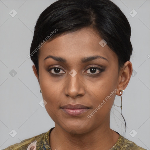 Joyful asian young-adult female with short  brown hair and brown eyes