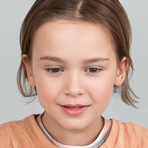 Joyful white child female with medium  brown hair and brown eyes