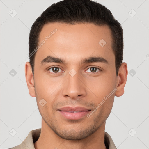 Joyful white young-adult male with short  brown hair and brown eyes