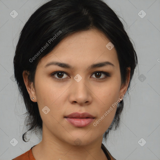 Neutral asian young-adult female with medium  black hair and brown eyes