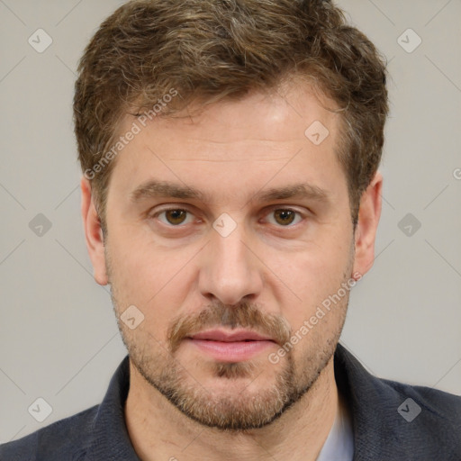 Neutral white young-adult male with short  brown hair and grey eyes