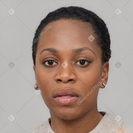 Neutral black young-adult female with short  black hair and brown eyes