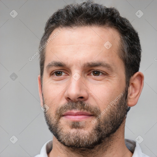 Neutral white adult male with short  brown hair and brown eyes