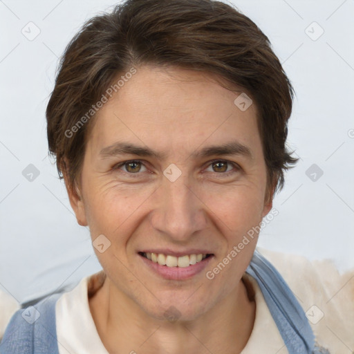 Joyful white adult female with short  brown hair and brown eyes