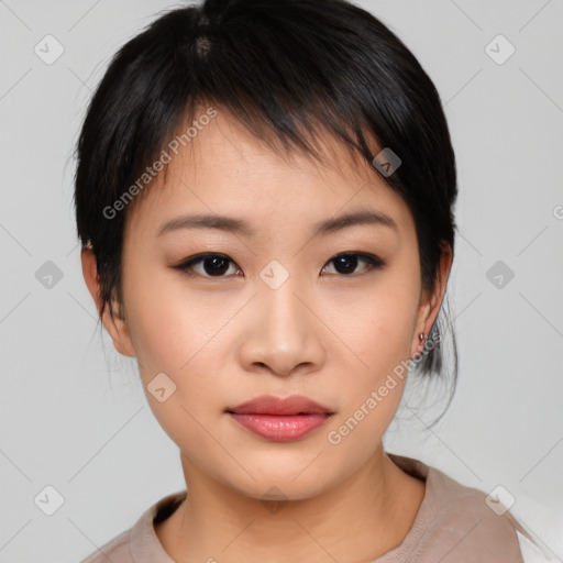 Neutral asian young-adult female with medium  brown hair and brown eyes