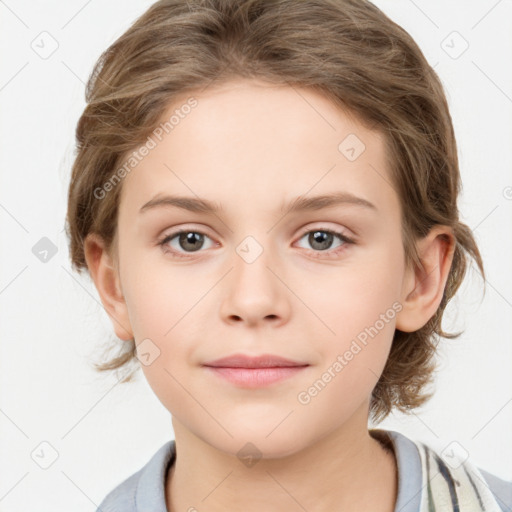 Neutral white child female with medium  brown hair and grey eyes