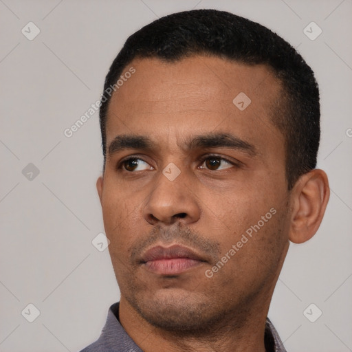 Neutral latino young-adult male with short  black hair and brown eyes