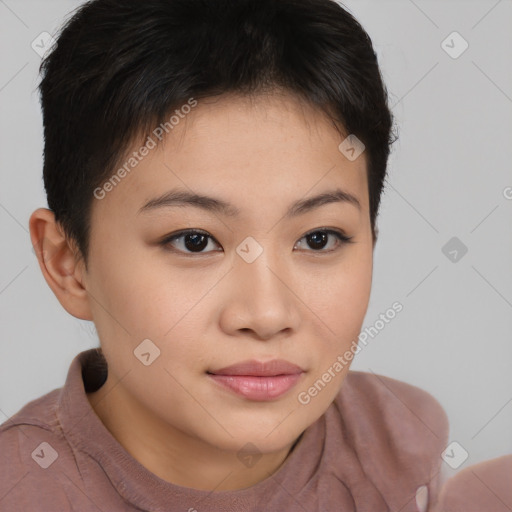 Joyful asian young-adult female with short  brown hair and brown eyes