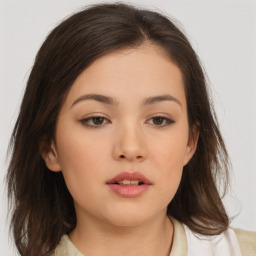 Neutral asian young-adult female with medium  brown hair and brown eyes