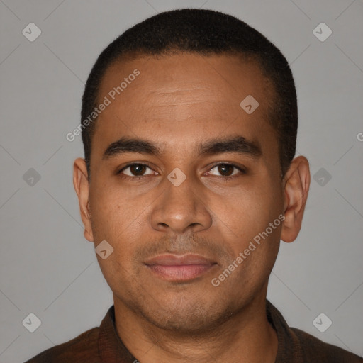 Neutral latino young-adult male with short  black hair and brown eyes