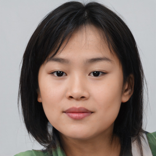 Neutral asian young-adult female with medium  brown hair and brown eyes