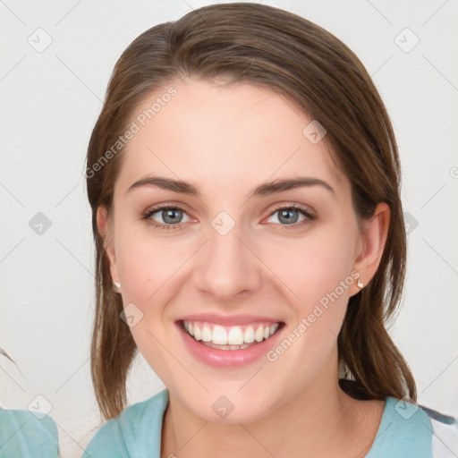 Joyful white young-adult female with medium  brown hair and blue eyes