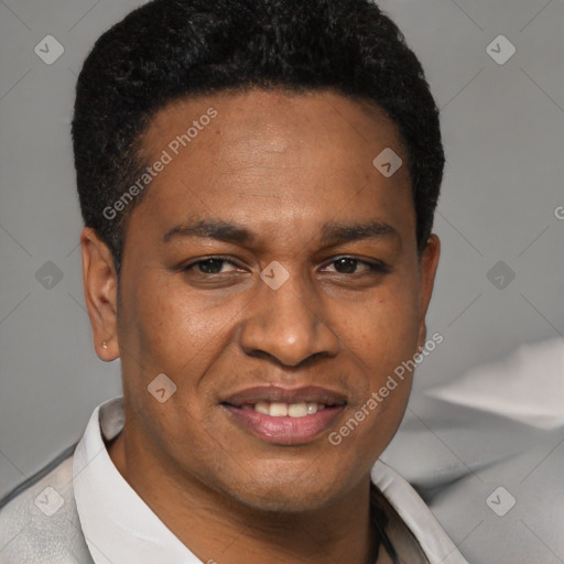 Joyful latino young-adult male with short  black hair and brown eyes