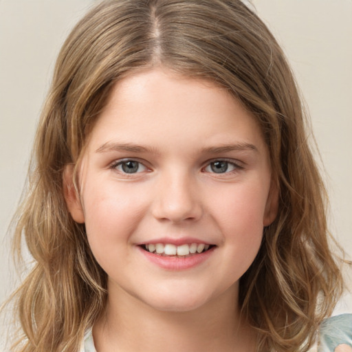 Joyful white child female with medium  brown hair and brown eyes