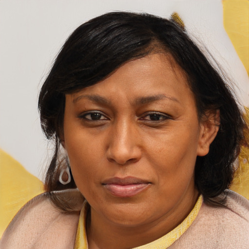 Joyful latino adult female with medium  brown hair and brown eyes