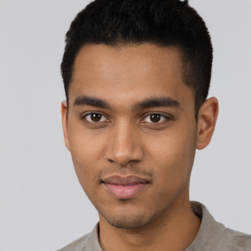 Neutral latino young-adult male with short  black hair and brown eyes