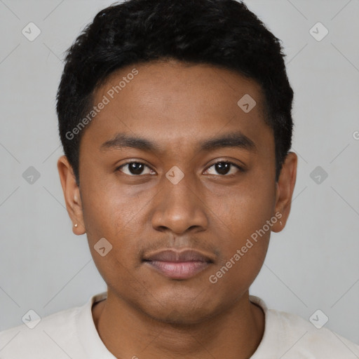 Neutral latino young-adult male with short  black hair and brown eyes